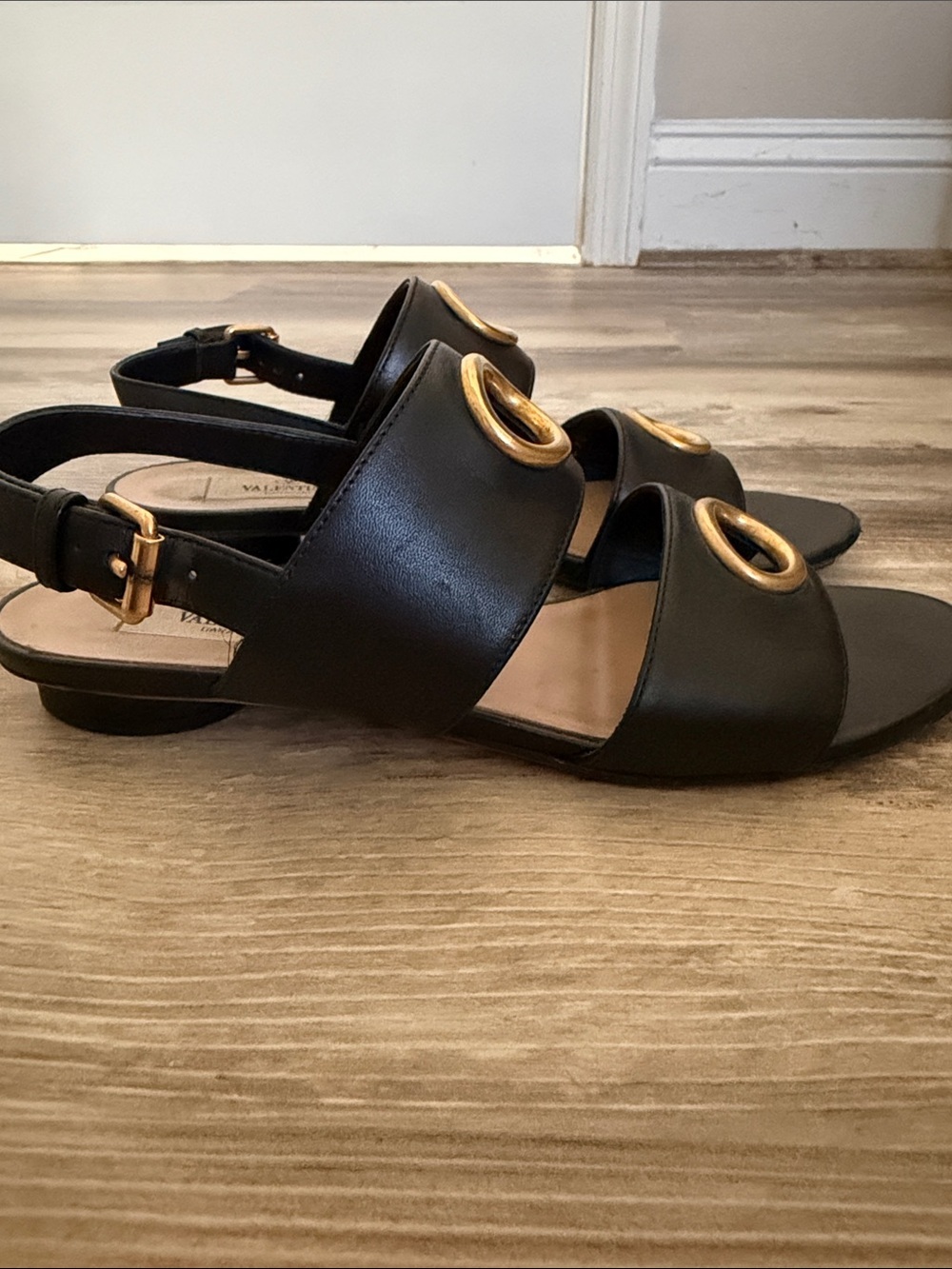 Valentino Black Leather Sandals with Gold Ring Accents - Picture 7 of 15